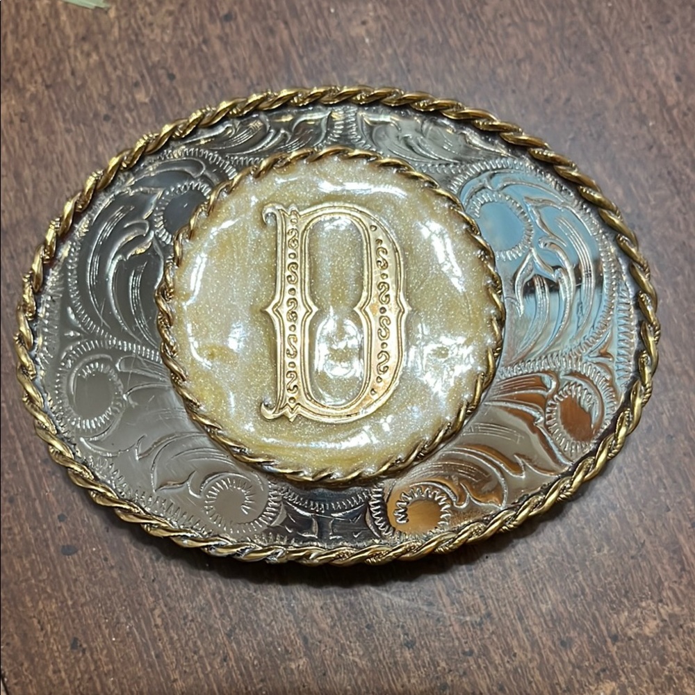 German Silver Monogrammed D Gold and Silver Ornate Belt Buckle